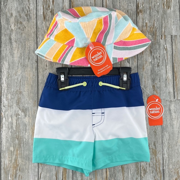 Baby Boys Quick Dry Swim Trunks Shorts & Bucket Hat Size 18M - Picture 1 of 9